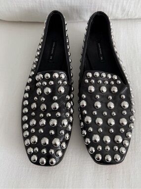 Zara Black Leather Silver Studded Loafers